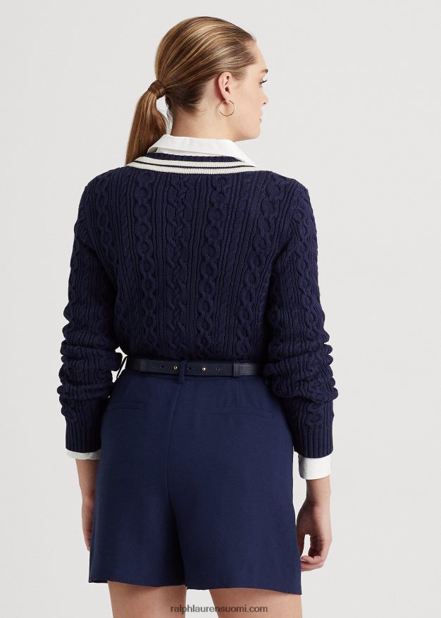 Ralph Lauren naiset kaapelineulottu krikettipusero 0Z24ZR4379 hienostunut laivasto/kerma