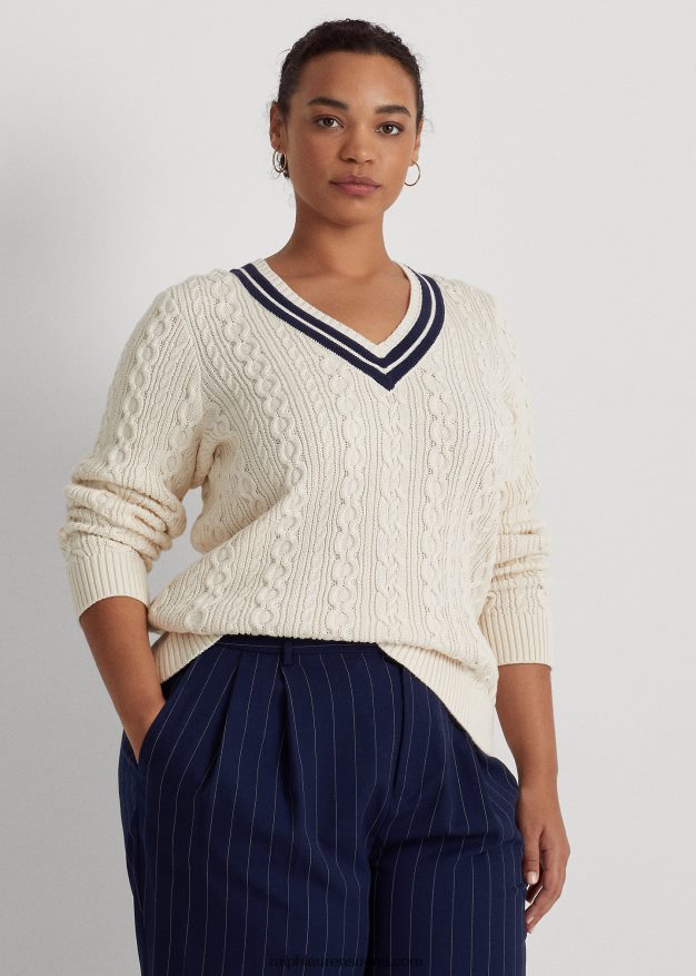 Ralph Lauren naiset kaapelineulottu krikettipusero 0Z24ZR4639 mascarpone kerma/laivasto