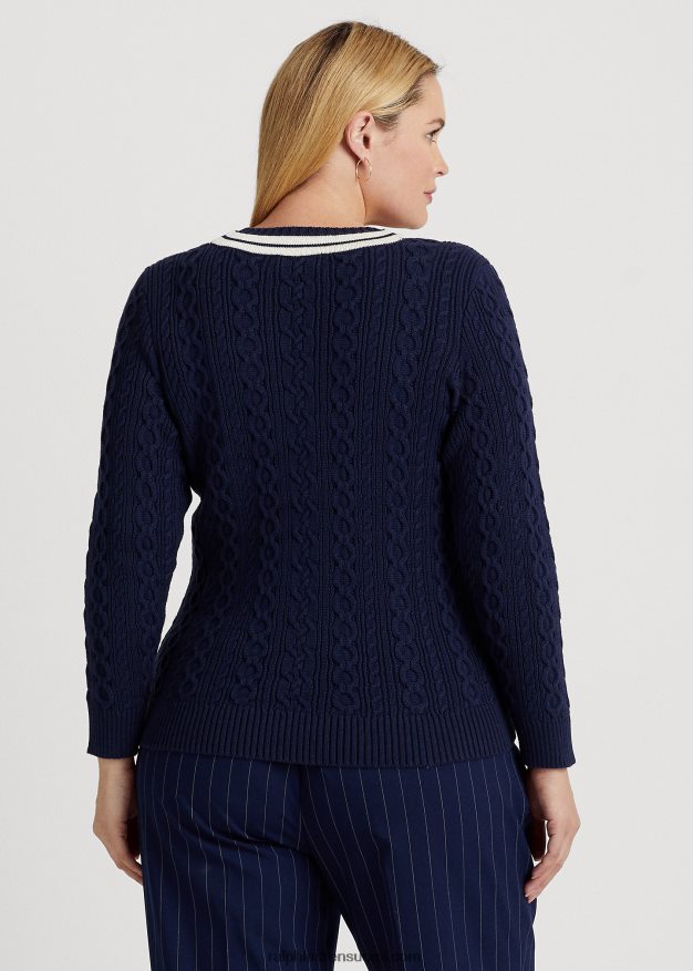 Ralph Lauren naiset kaapelineulottu krikettipusero 0Z24ZR4640 hienostunut laivasto/kerma