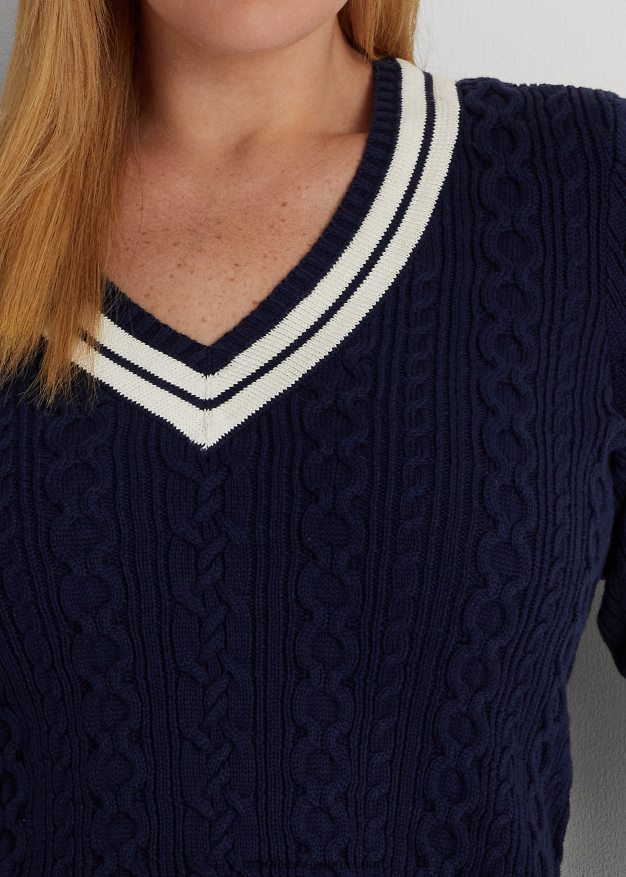 Ralph Lauren naiset kaapelineulottu krikettipusero 0Z24ZR4640 hienostunut laivasto/kerma