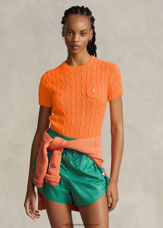 Ralph Lauren naiset kaapelineulottu puuvillainen lyhythihainen pusero 0Z24ZR2896 reilu oranssi