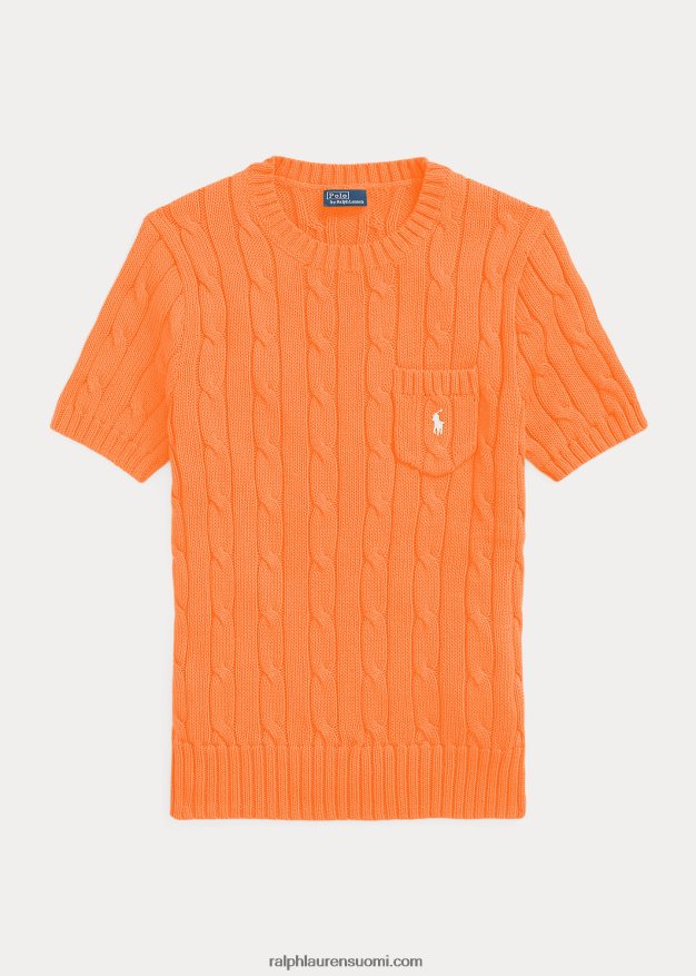 Ralph Lauren naiset kaapelineulottu puuvillainen lyhythihainen pusero 0Z24ZR9181 kuuma fuksia