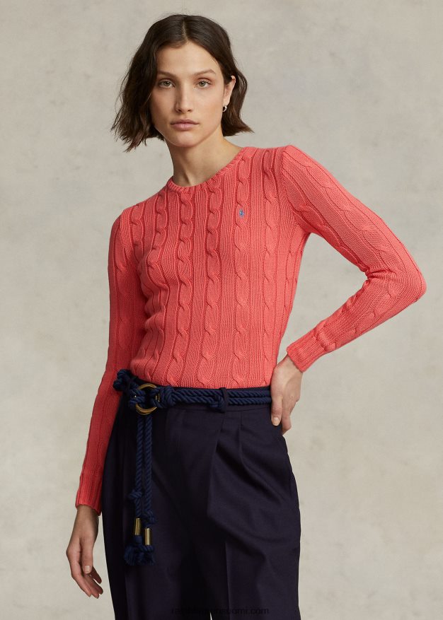 Ralph Lauren naiset kaapelineulottu puuvillainen pyöreäkaula-neulepusero 0Z24ZR9092 rubiinikoralli