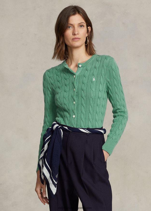 Ralph Lauren naiset kaapelineulottu puuvillainen pyöreäkaula-neuletakki 0Z24ZR2900 väylän vihreä