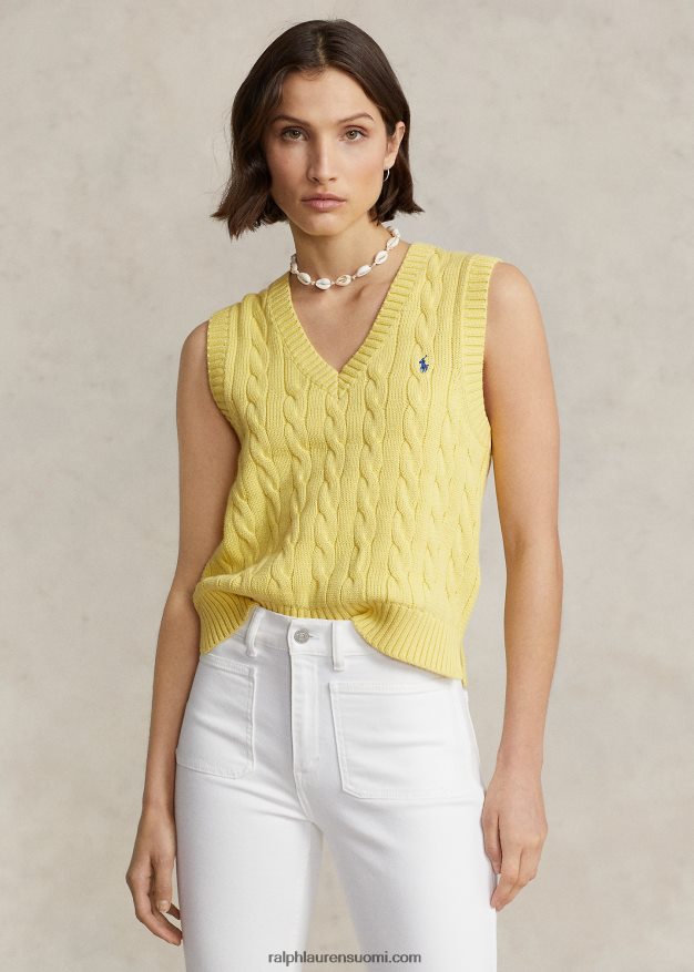 Ralph Lauren naiset kaapelineulottu puuvillainen v-aukkoinen villapaita 0Z24ZR2903 beekman keltainen