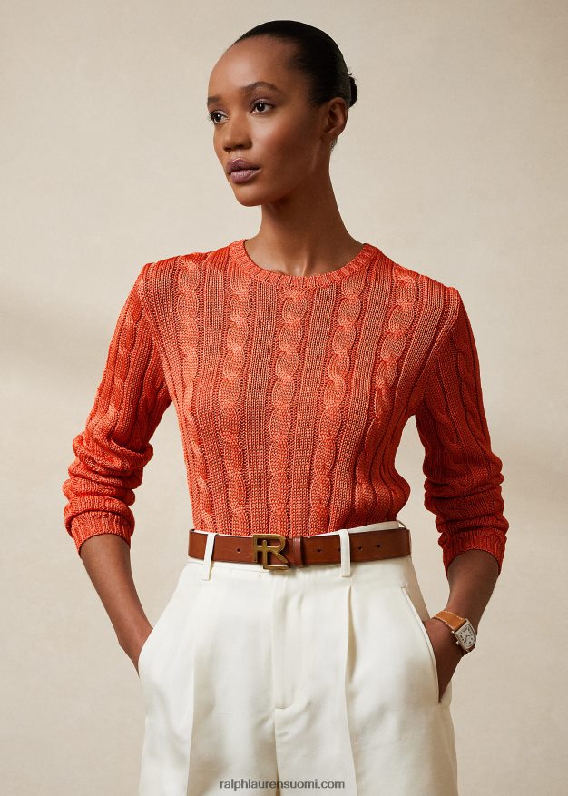 Ralph Lauren naiset kaapelineulottu silkki crewneck neule 0Z24ZR3484 meloni
