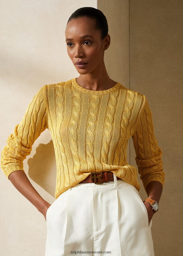 Ralph Lauren naiset kaapelineulottu silkki crewneck neule 0Z24ZR3485 klassinen keltainen