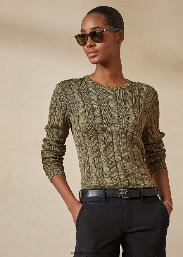 Ralph Lauren naiset kaapelineulottu silkki crewneck neule 0Z24ZR3487 jäkälänvihreä