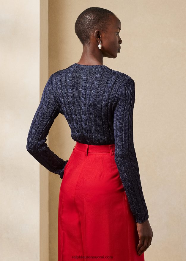 Ralph Lauren naiset kaapelineulottu silkki crewneck neule 0Z24ZR3488 lux laivasto