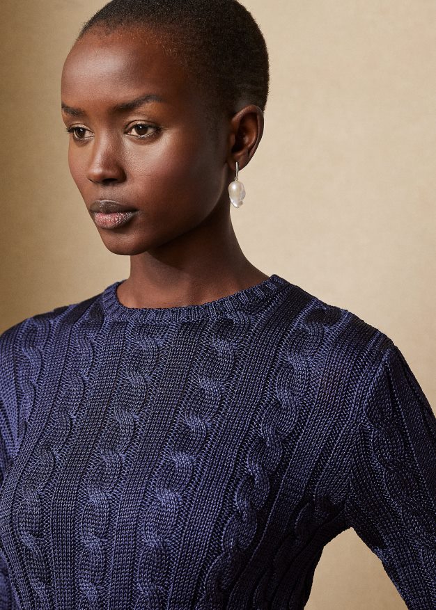 Ralph Lauren naiset kaapelineulottu silkki crewneck neule 0Z24ZR3488 lux laivasto