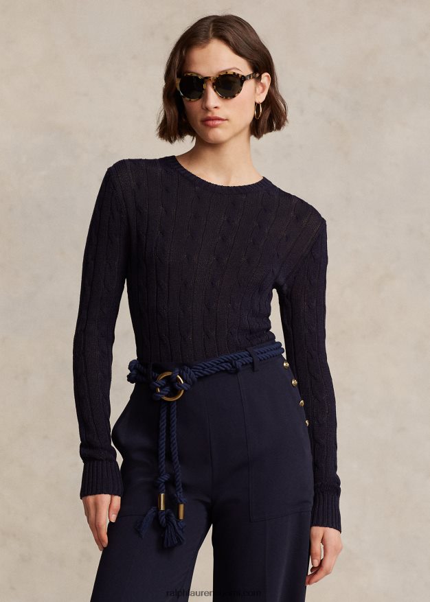 Ralph Lauren naiset kaapelineulottua puuvillasekoitetta pyöreäkaula-neulepusero 0Z24ZR9165 metsästäjä laivasto