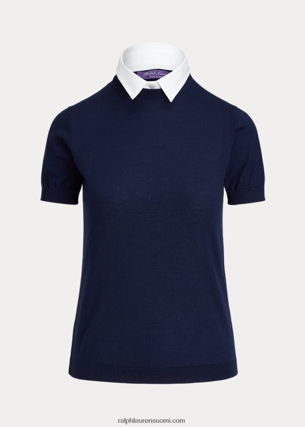 Ralph Lauren naiset kauluksellinen kashmir lyhythihainen pusero 0Z24ZR9352 lux laivasto