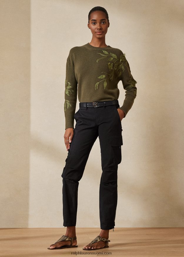 Ralph Lauren naiset koristeltu kashmir pyöreäkaula-neulepusero 0Z24ZR9290 ikoni oliivi