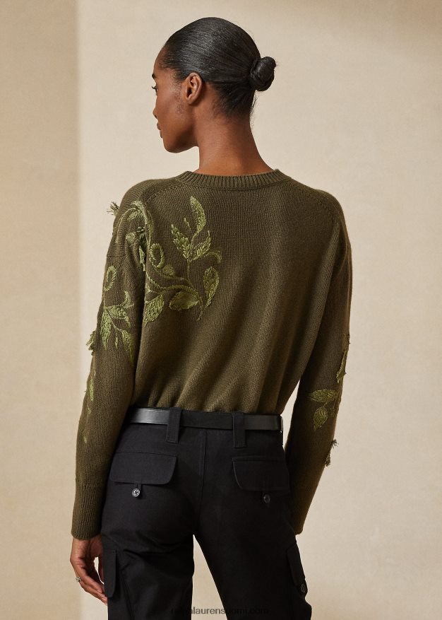 Ralph Lauren naiset koristeltu kashmir pyöreäkaula-neulepusero 0Z24ZR9290 ikoni oliivi