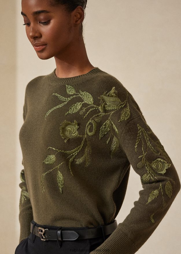 Ralph Lauren naiset koristeltu kashmir pyöreäkaula-neulepusero 0Z24ZR9290 ikoni oliivi