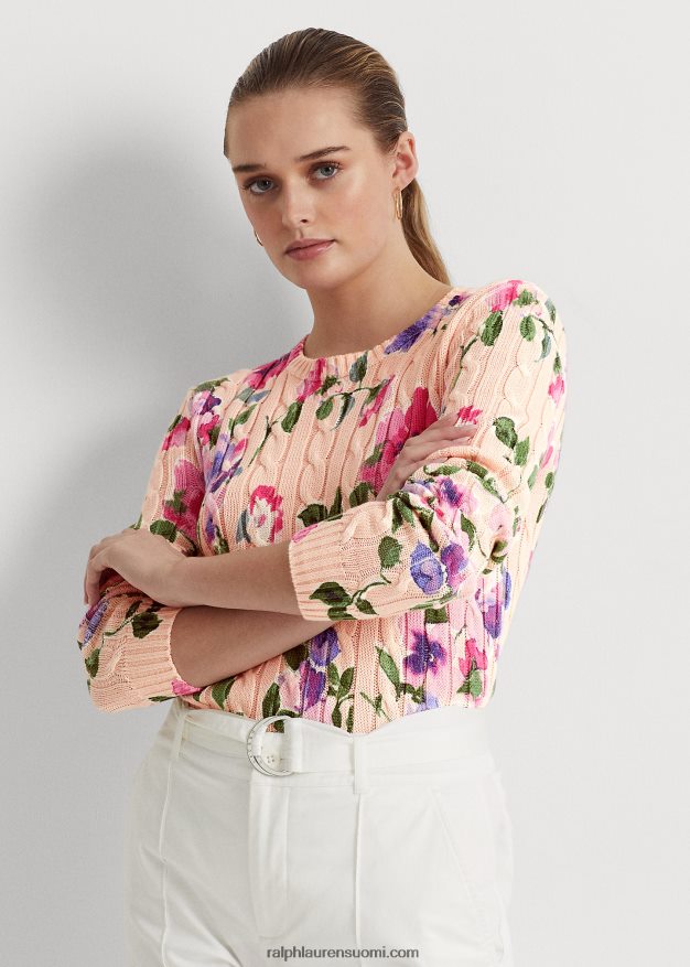 Ralph Lauren naiset kukkapuuvillainen kaapelineulottu pusero 0Z24ZR4057 pinkki multi
