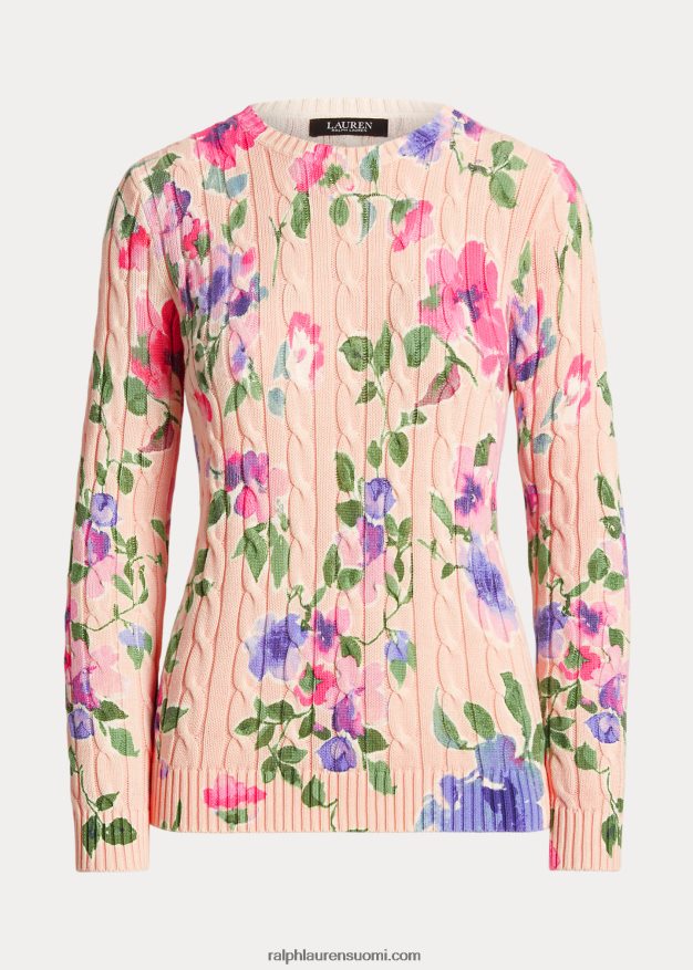 Ralph Lauren naiset kukkapuuvillainen kaapelineulottu pusero 0Z24ZR4822 pinkki multi