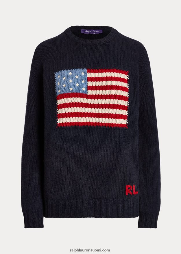 Ralph Lauren naiset lippukashmir-neulepusero 0Z24ZR3451 keskiyö lipun kanssa