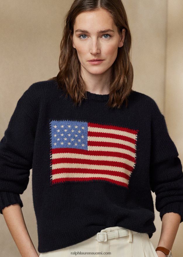 Ralph Lauren naiset lippukashmir-neulepusero 0Z24ZR3451 keskiyö lipun kanssa