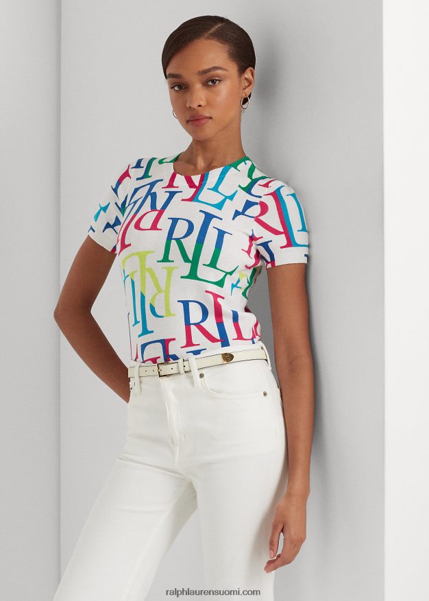 Ralph Lauren naiset logolla valmistettu lyhythihainen villapaita 0Z24ZR3875 valkoinen multi