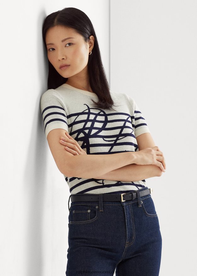 Ralph Lauren naiset logoraidallinen lyhythihainen pusero 0Z24ZR3996 mascarpone kerma/laivasto