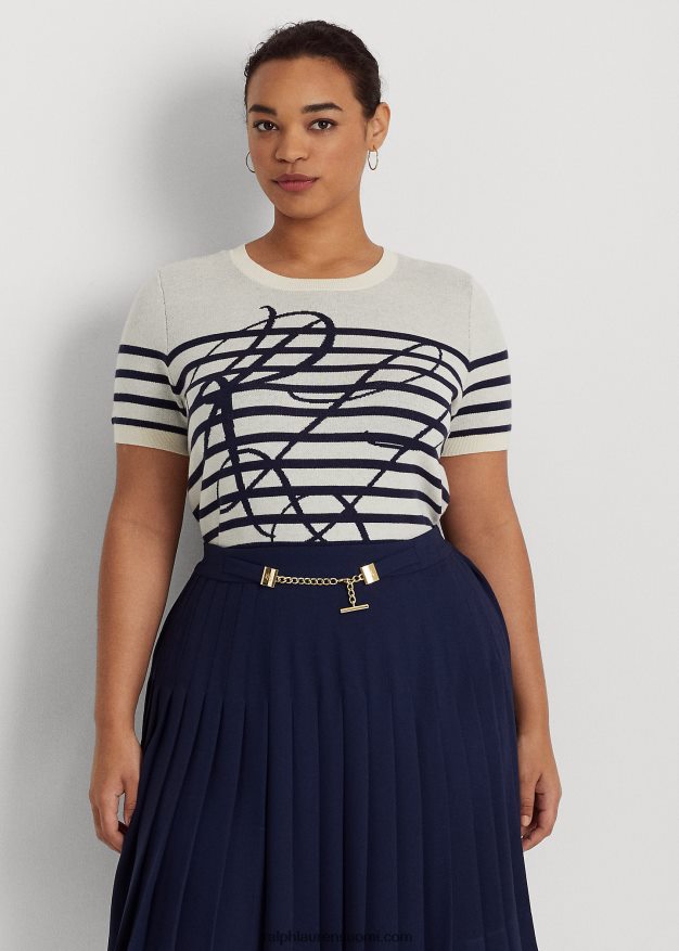 Ralph Lauren naiset logoraidallinen lyhythihainen pusero 0Z24ZR4629 mascarpone kerma/laivasto