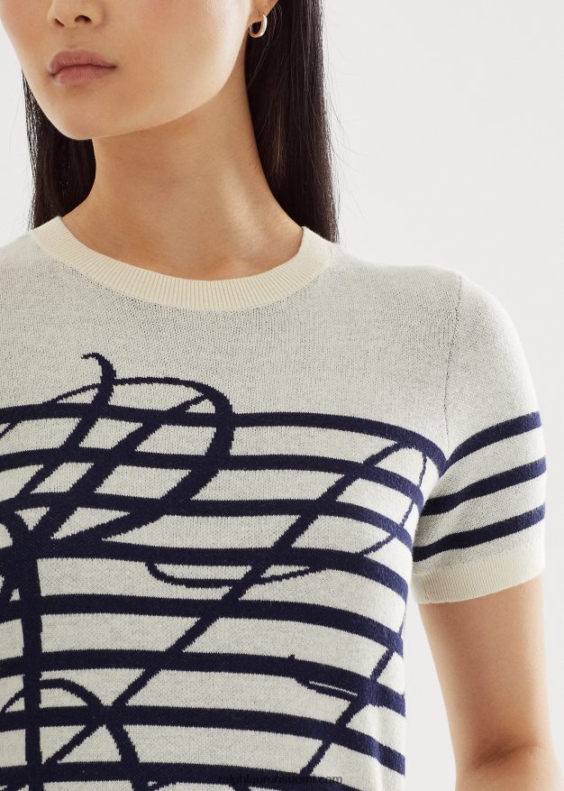 Ralph Lauren naiset logoraidallinen lyhythihainen pusero 0Z24ZR9479 mascarpone kerma/laivasto