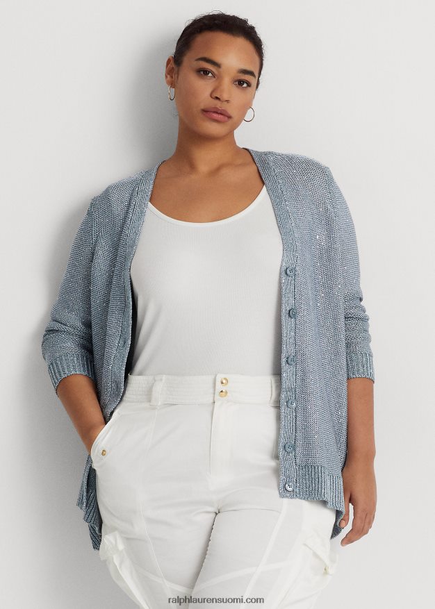 Ralph Lauren naiset paljetetulla pellavasekoitteella neuletakki 0Z24ZR4599 indigo valtameri moni