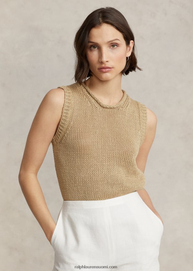 Ralph Lauren naiset pellava-puuvilla hihaton villapaita 0Z24ZR2905 perushiekka