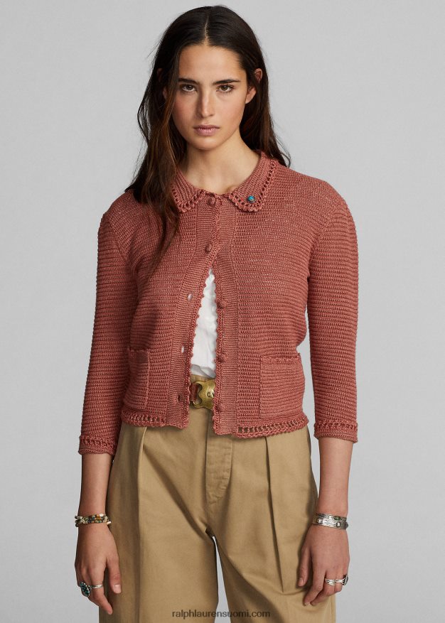 Ralph Lauren naiset pellava-puuvillaneuletakki 0Z24ZR3653 pölyinen vaaleanpunainen