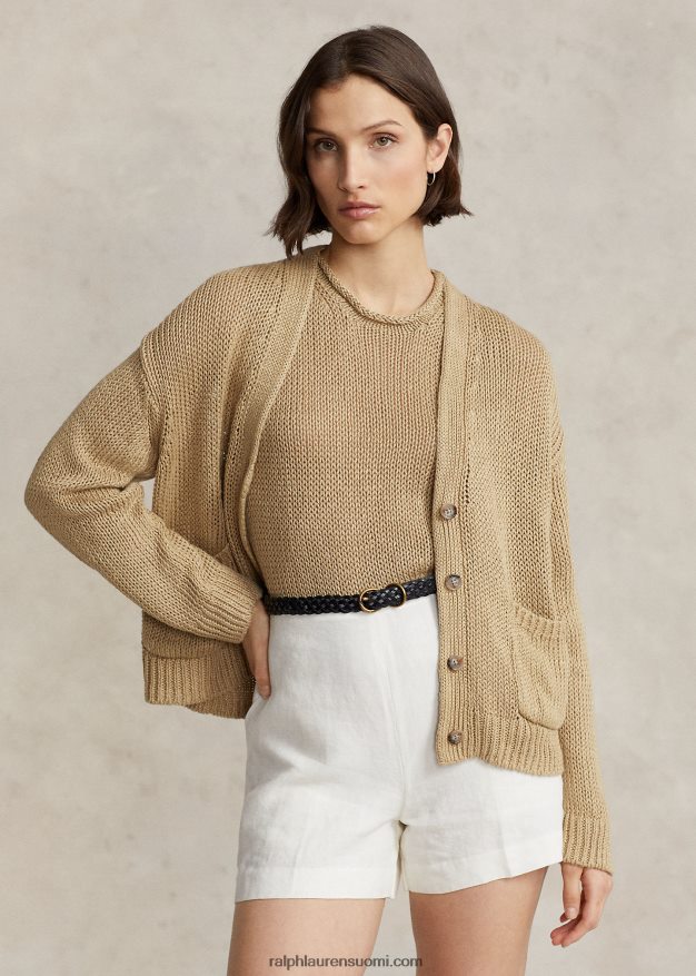 Ralph Lauren naiset pellavasekoiteinen v-pääntie neuletakki 0Z24ZR2936 perushiekka