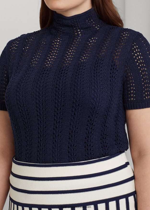 Ralph Lauren naiset pointelle lyhythihainen villapaita 0Z24ZR4696 hienostunut laivasto