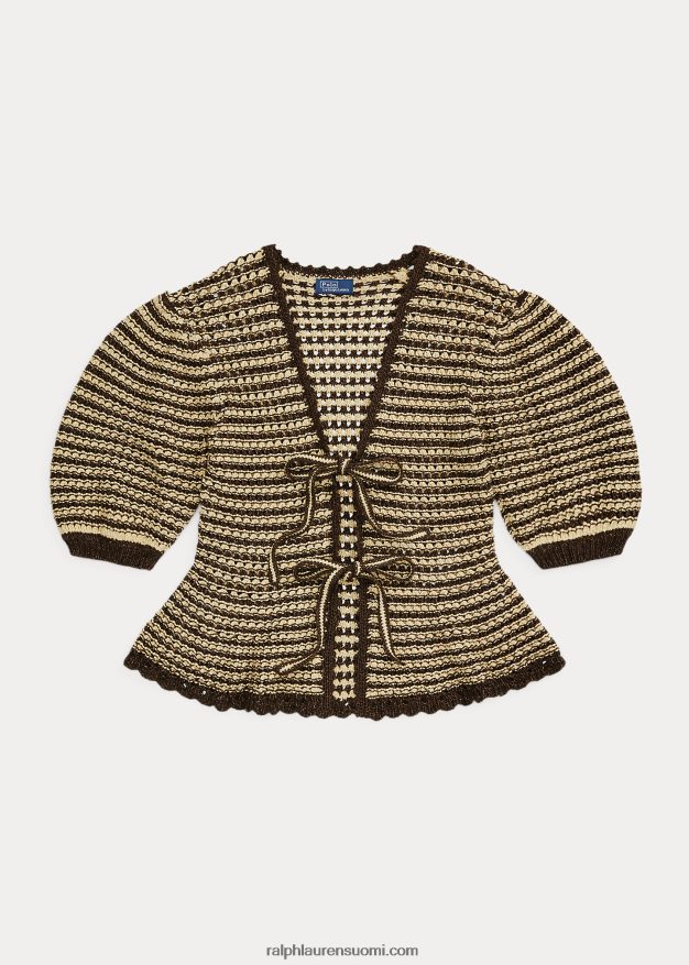 Ralph Lauren naiset puuvillasekoitteinen lyhythihainen neuletakki 0Z24ZR2974 rusketus/suklaaraita