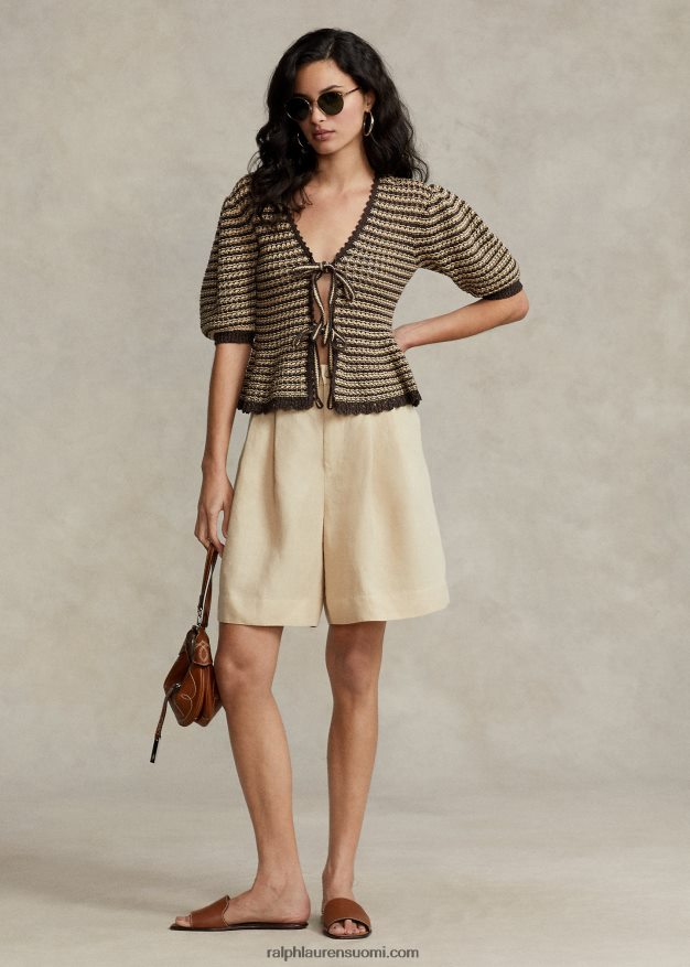 Ralph Lauren naiset puuvillasekoitteinen lyhythihainen neuletakki 0Z24ZR2974 rusketus/suklaaraita