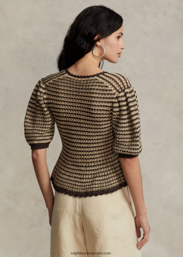 Ralph Lauren naiset puuvillasekoitteinen lyhythihainen neuletakki 0Z24ZR2974 rusketus/suklaaraita