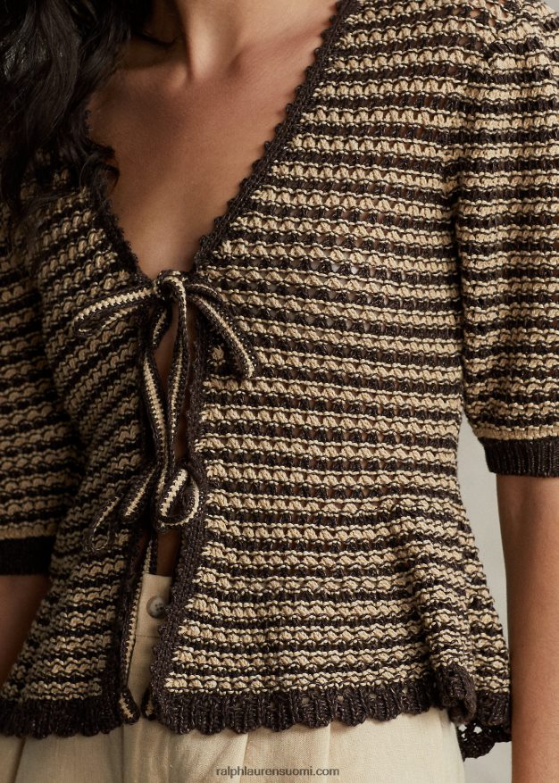 Ralph Lauren naiset puuvillasekoitteinen lyhythihainen neuletakki 0Z24ZR2974 rusketus/suklaaraita