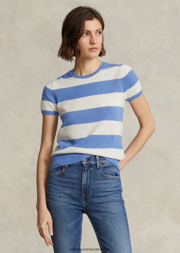 Ralph Lauren naiset raidallinen kashmir lyhythihainen pusero 0Z24ZR3043 kerman/satamasaaren sininen