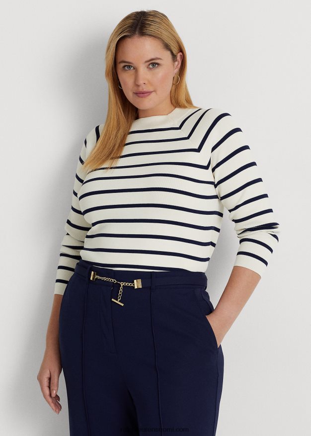 Ralph Lauren naiset raidallinen lyhennetty pilkkuneulepusero 0Z24ZR4621 mascarpone kerma/laivasto