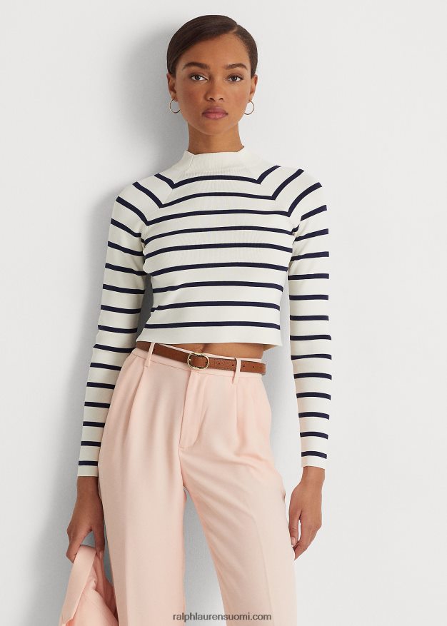 Ralph Lauren naiset raidallinen lyhennetty pilkkuneulepusero 0Z24ZR9469 mascarpone kerma/laivasto
