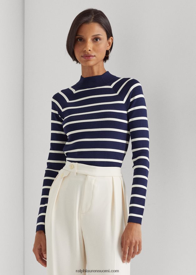 Ralph Lauren naiset raidallinen neulepusero 0Z24ZR4386 hienostunut laivasto/kerma