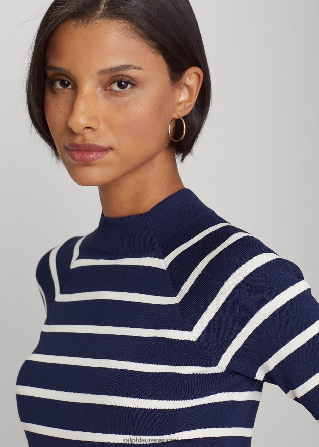 Ralph Lauren naiset raidallinen neulepusero 0Z24ZR4386 hienostunut laivasto/kerma