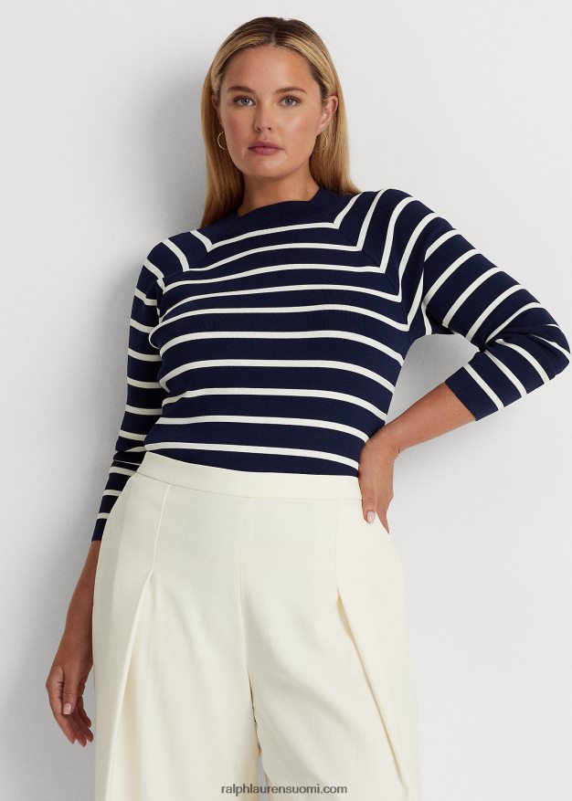 Ralph Lauren naiset raidallinen neulepusero 0Z24ZR4669 hienostunut laivasto/kerma