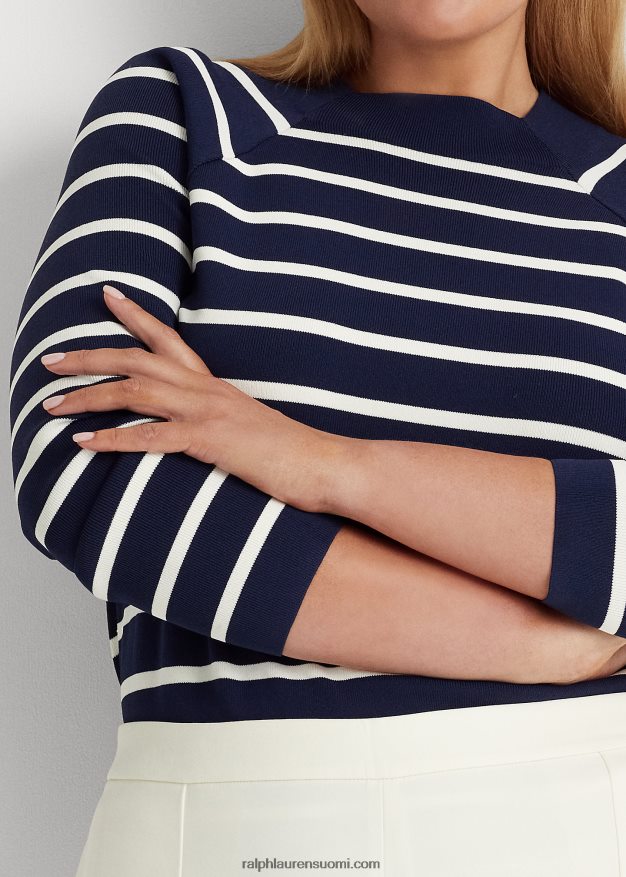 Ralph Lauren naiset raidallinen neulepusero 0Z24ZR4669 hienostunut laivasto/kerma