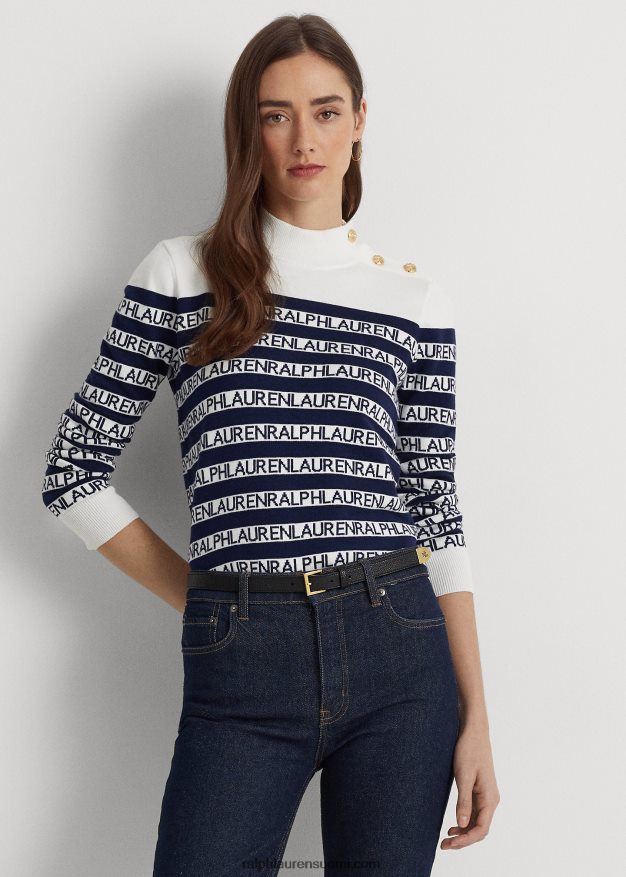 Ralph Lauren naiset raidallinen puuvillasekoite neulepusero 0Z24ZR4901 valkoinen/puhdistettu laivasto