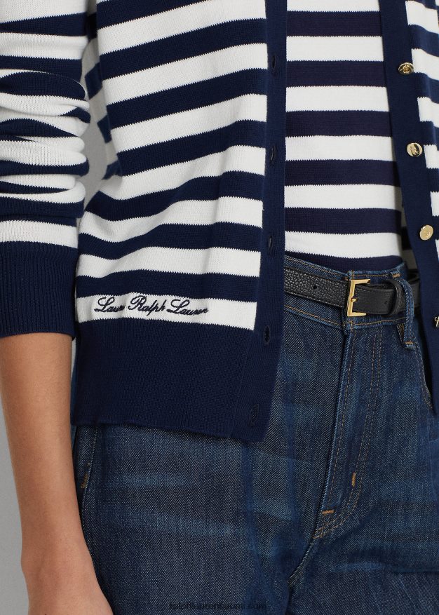 Ralph Lauren naiset raidallinen puuvillasekoite neuletakki 0Z24ZR4891