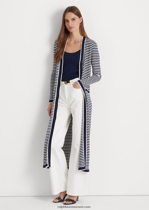 Ralph Lauren naiset raidallinen silkkisekoitettu pitkä neuletakki 0Z24ZR4887 hienostunut laivasto/valkoinen