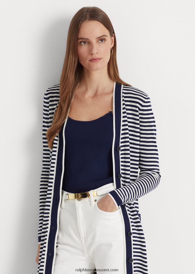 Ralph Lauren naiset raidallinen silkkisekoitettu pitkä neuletakki 0Z24ZR9540 hienostunut laivasto/valkoinen