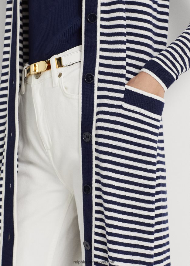 Ralph Lauren naiset raidallinen silkkisekoitettu pitkä neuletakki 0Z24ZR9540 hienostunut laivasto/valkoinen