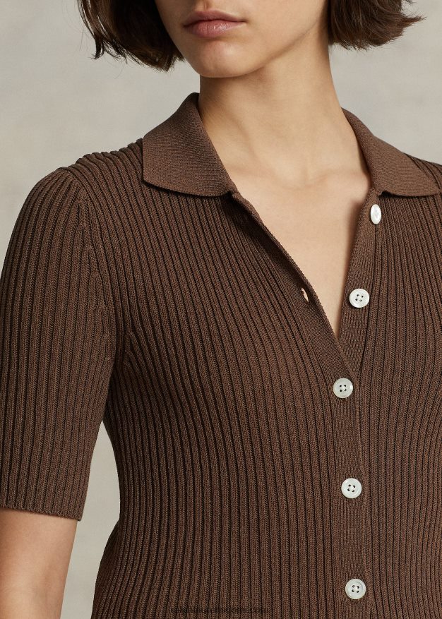 Ralph Lauren naiset rib-neulottu lyhythihainen poolotakki 0Z24ZR3185 suklaanruskea