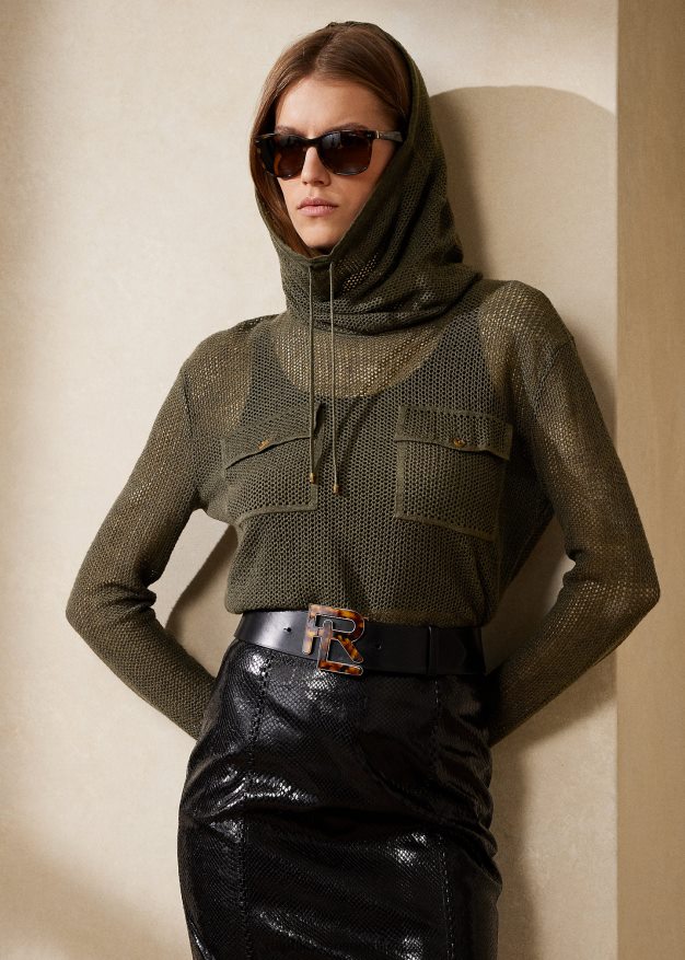 Ralph Lauren naiset suppilokaula-aukkoinen silkki-pellavaverkkopusero 0Z24ZR9291 ikoni oliivi